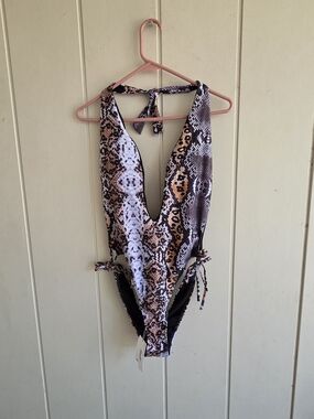 Brazilian Bikini Lenago One Piece Halter Swim Suit Large Snake Print New